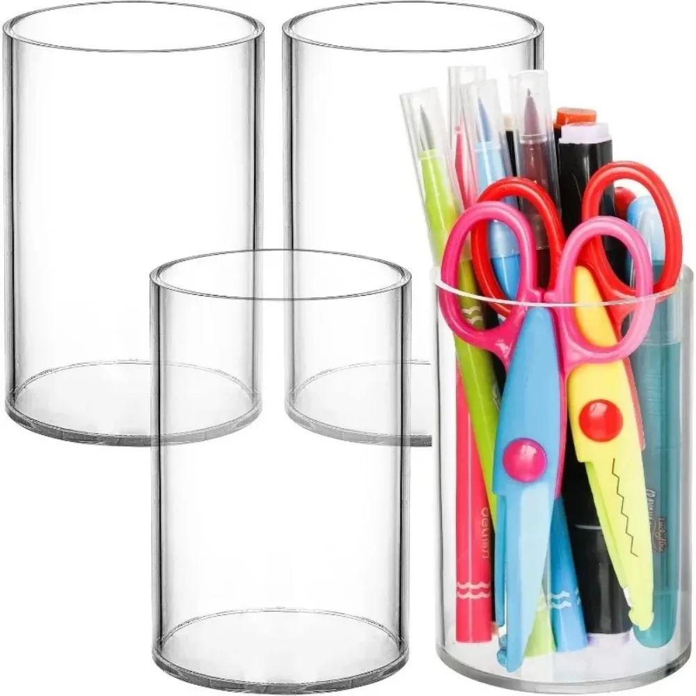 New 3 Pcs Transparent Pen Holder Acrylic Make Up Student Pencil Display Stand Clear Round Tpe Cups