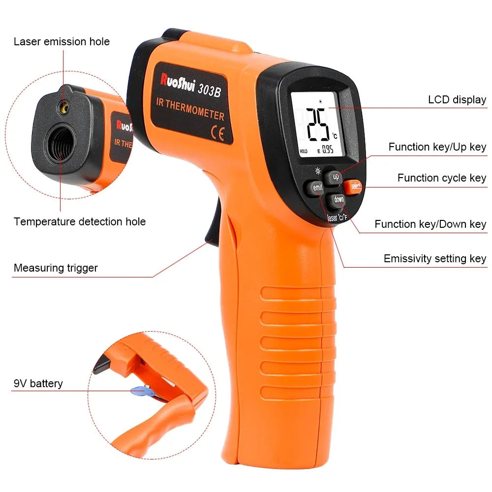 Non-contact Digital Infrared Thermometer Gun -20-550℃ IRLaser Surface Temp Reader Industrial Temperature Sensor LED Display 303B