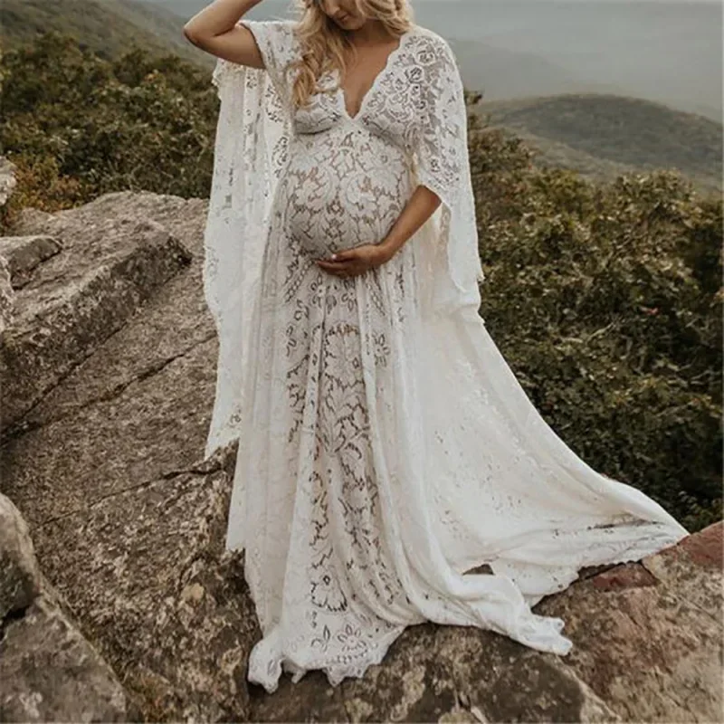 

Boho Fluffy Maternity Photography Dress For Photo Shoot Outfit Pregnant Women's Lace Dress Robe Shooting Photo