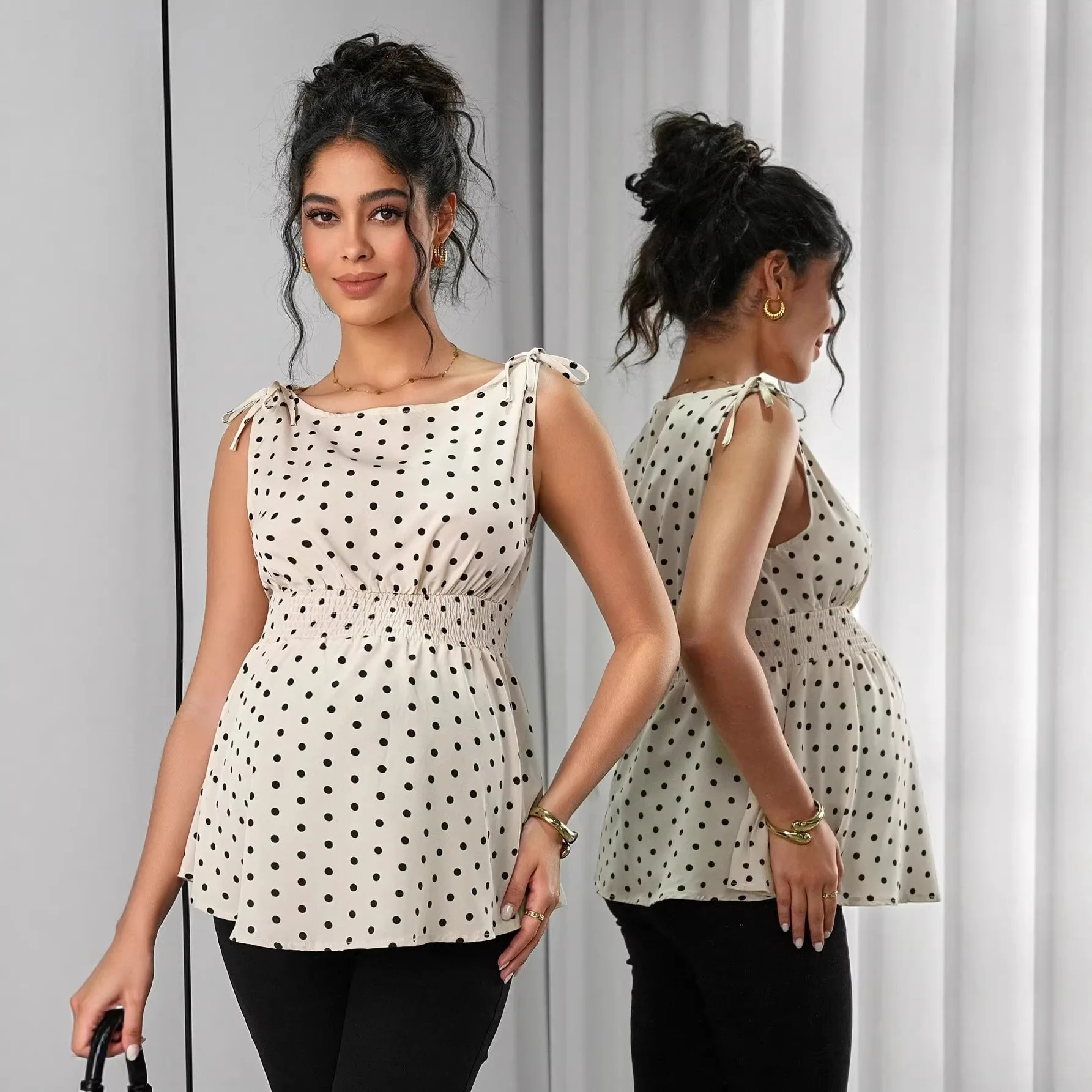 roupas-de-maternidade-europeias-e-americanas-novo-top-com-estampa-de-poas-para-primavera-e-verao-vestido-de-maternidade-com-alcas-em-a