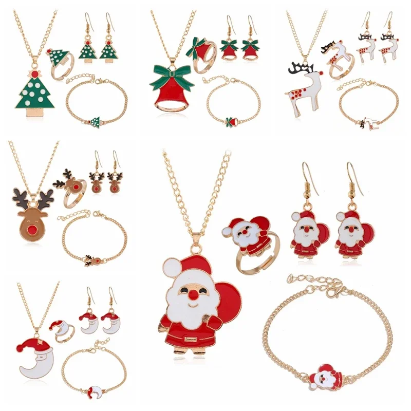 5pc Christmas Women Jewelry Set Santa Elk Bell Earrings Necklace Bracelet Decor Xmas Gift For Girl Women Wife Mother Girl Friend