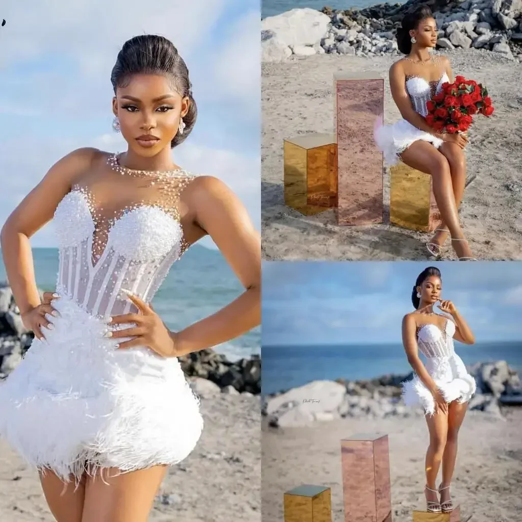 Customized  Sheer Neck  African See Through Pearls Mermaid  Wedding Dress for Bride  Short Feather Beach Bridal Gowns