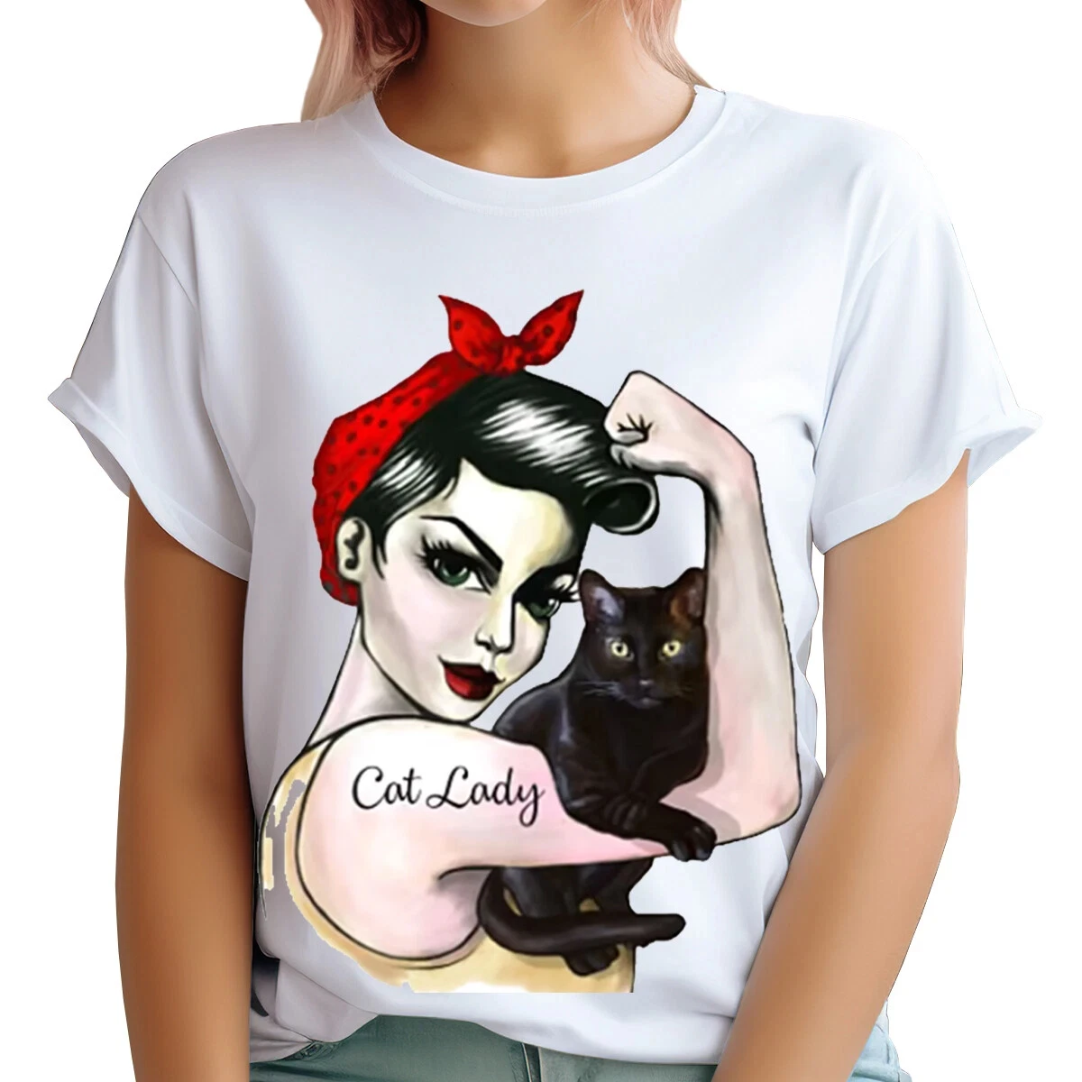 Cat Strong Lady Animal Lover Gift for Her Funny Womens T-Shirts Tee Top Shirt Graphic Short Sleeve for Summer