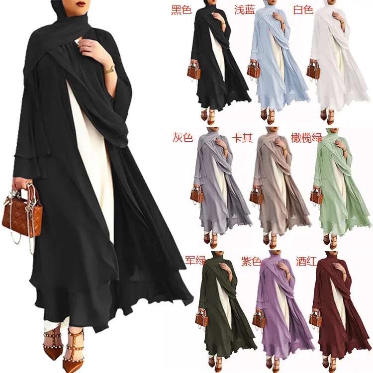 Femmes mode 2 pièces ensembles musulmans en mousseline de soie Abaya + écharpe ensemble Kimono dubaï musulman Cardigan Abayas femmes Robe décontractée femme costume + ceinture