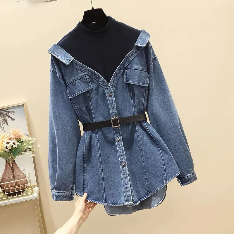 

Spring Fall Denim Blouse Tops with Belt Long Sleeve Patchwork Fake Two Piece Jeans Shirt Women Loose Blusas Mujer N167