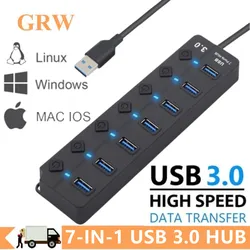 GRWIBEOU High Speed 7 Ports USB HUB 3.0 Adapter Expander Multi USB Splitter Multiple Extender With LED Lamp Switch for PC Laptop