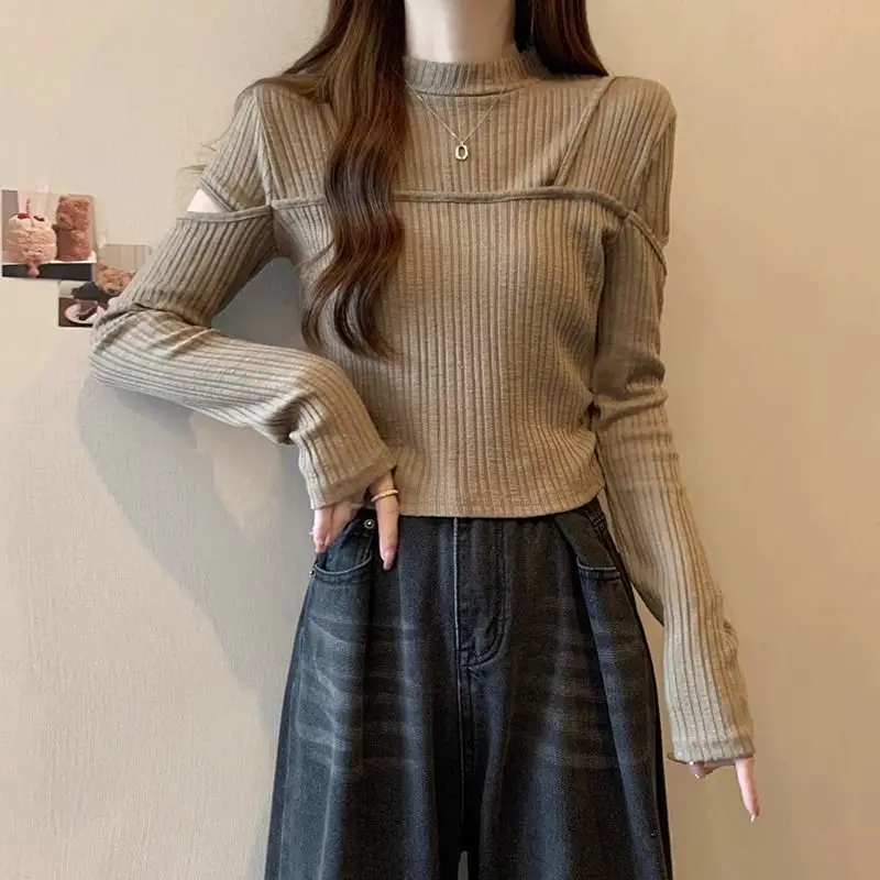 

Basic Slim Fashion Folds T-shirt Spring Autumn Casual O-Neck Women's Clothing Hollow Out Spliced Commute Solid Color Pullovers