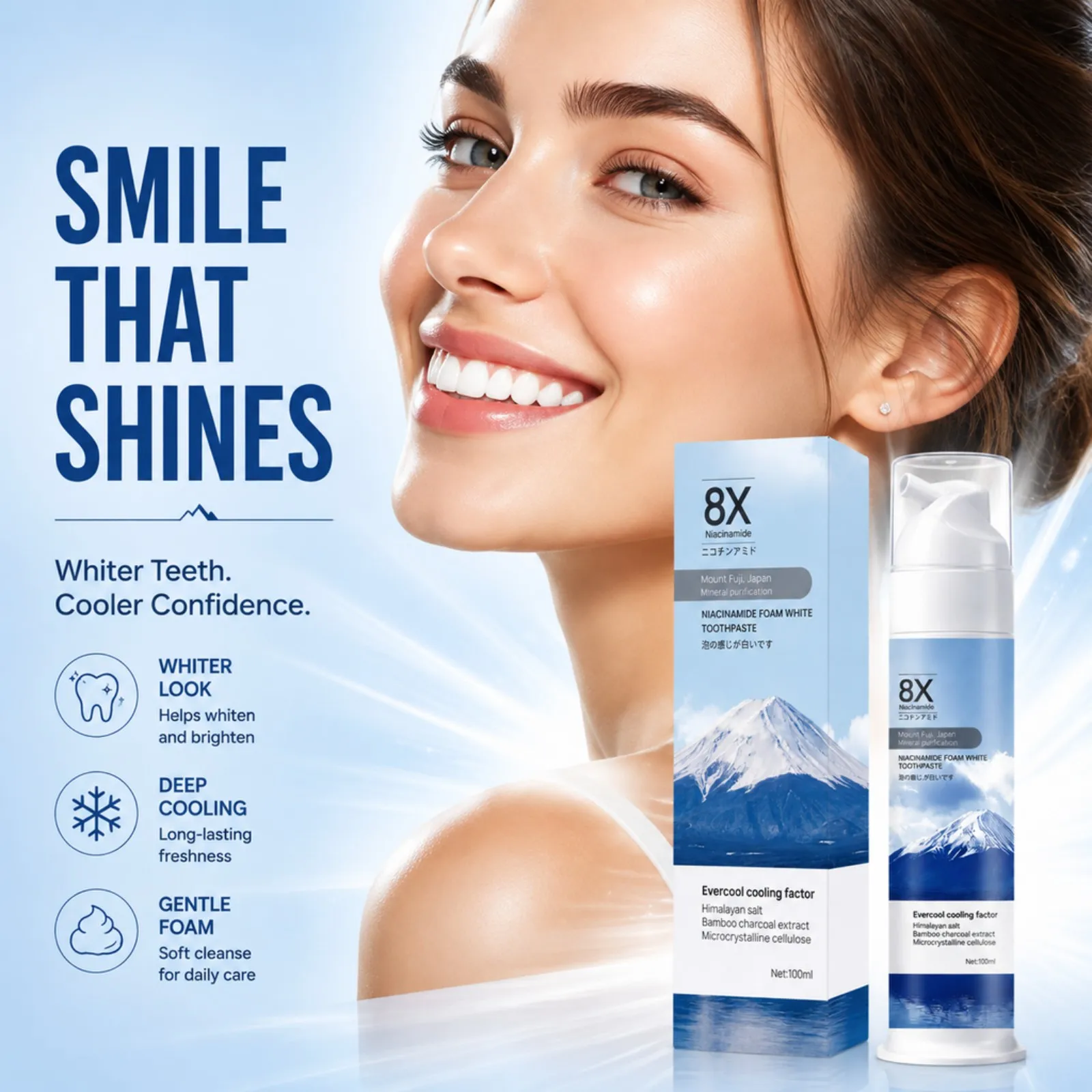 Niacinamide Brightening Toothpaste Activated Charcoal Deep Cleaning Cool Mint Fresh Breath Enamel Friendly Pump Daily Care 100ml