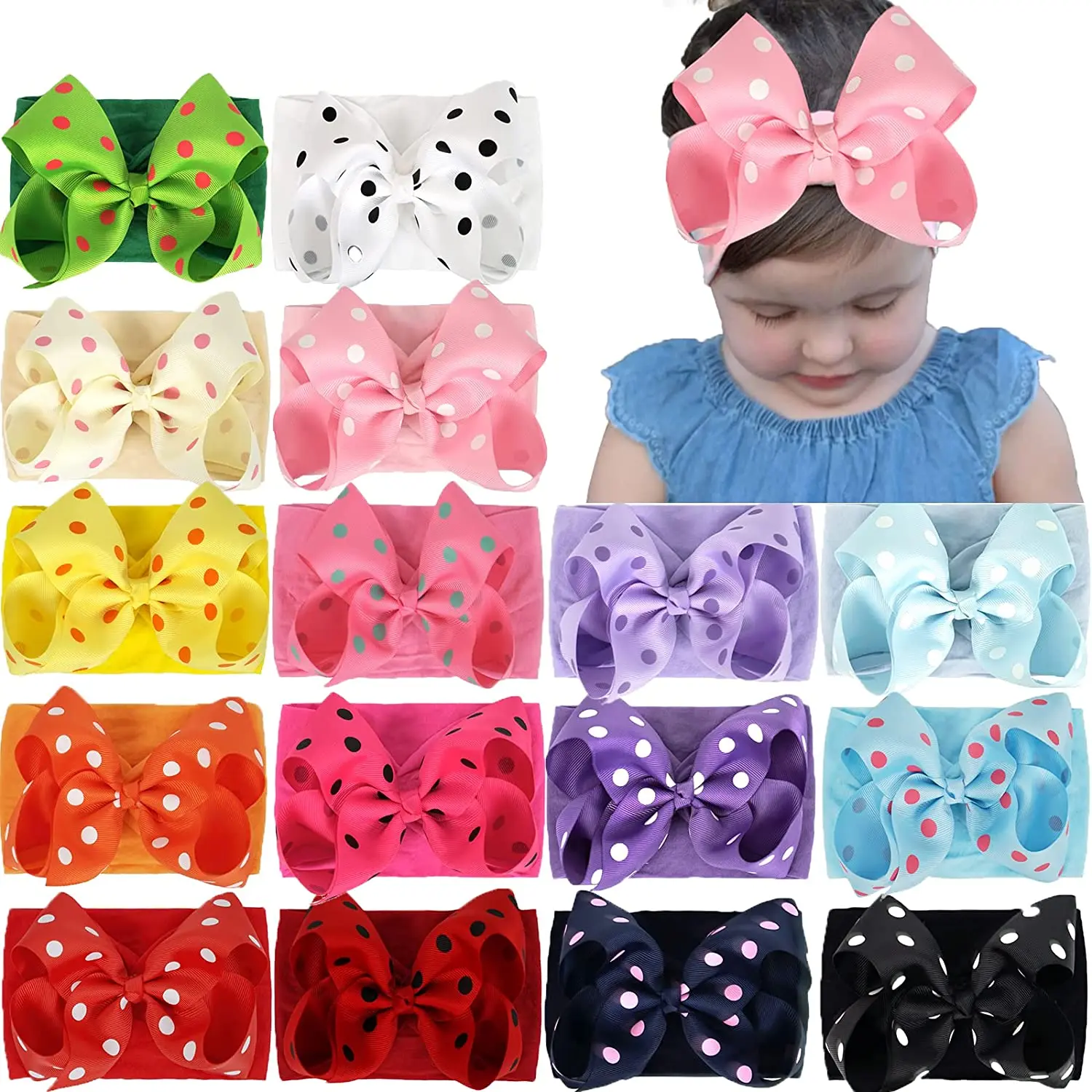 8Pcs 6Inch children's headwear Polka dot bow headband headband headband baby soft nylon headband