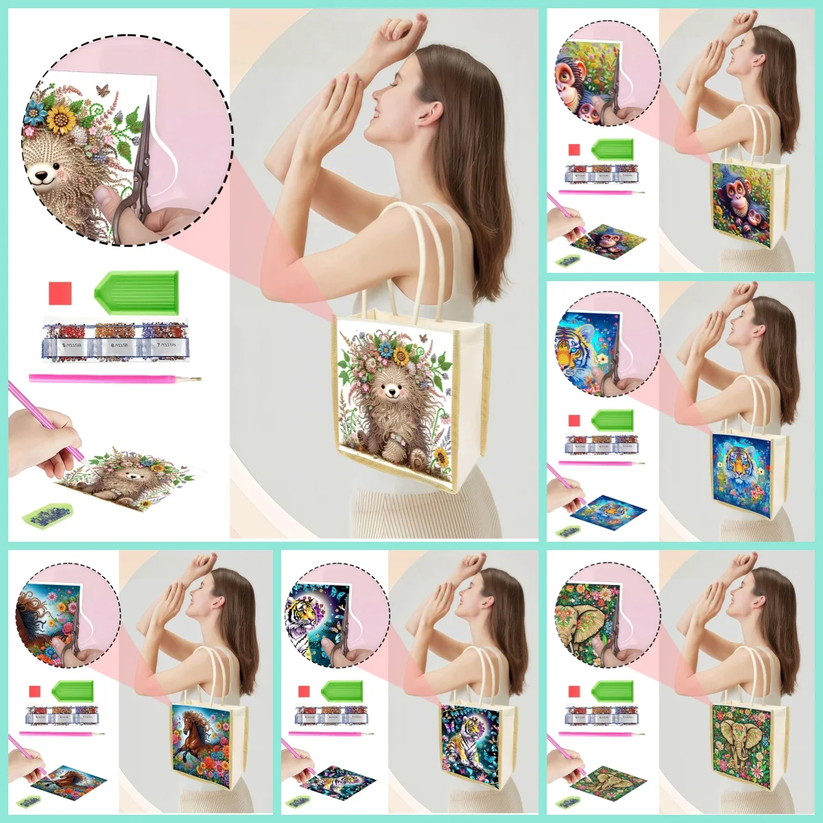 1 Piece Diamond Painting kit Shopping bag, animal Pattern, canvas Material, Interchangeable pattern, daily outing, travel Storag