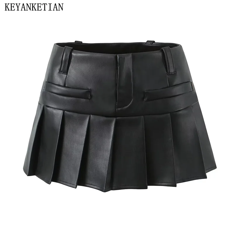 

KEYANKETIAN 2024 Autumn/Winter New Women's Pleated Faux Leather Skirt Street style Slim Zipper Low-rise A-line Mini Skirt Black