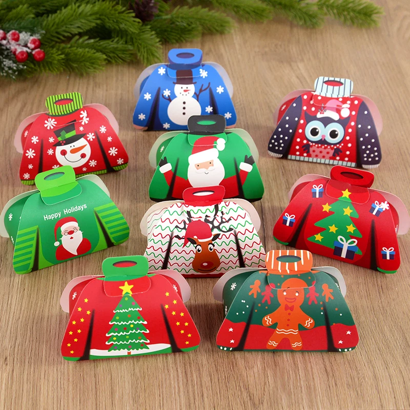 12Pcs Merry Christmas Candy Box DIY Gift Box Sweater Design Snowman Santa Tree Print Chocolate Candy Small Gift Packaging Bags