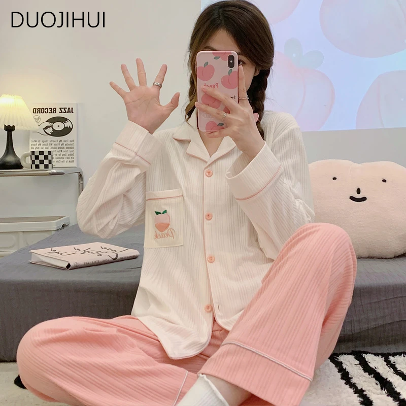 DUOJIHUI Two Piece Sweet Print Fashion Female Pajamas Sets Summer Chic Button Cardigan Basic Pant Casual Home Pajamas for Women