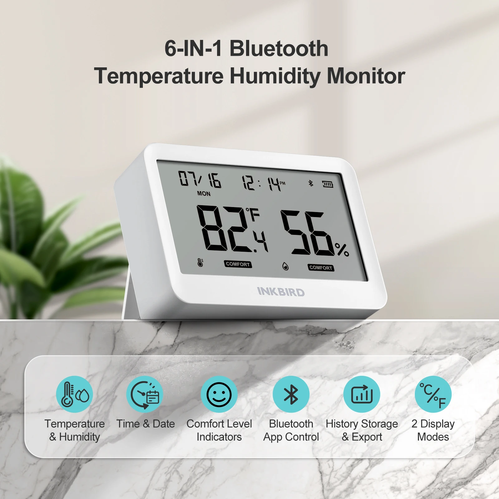 INKBIRD ITH-21-B Bluetooth Smart Thermo-Hygrometer 6-in-1 Indoor Temperature and Humidity Monitor with APP Control For Greenhous