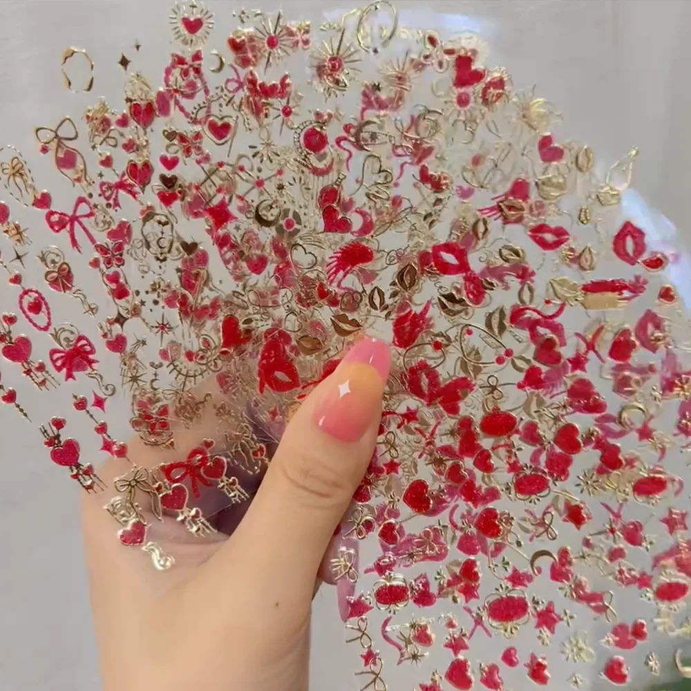 

12Pcs 3D Heart Lip Bow Valentine's Day Nail Stickers Bohemian Style Stars Moon Sun Nails Decals Wedding Dating Manicure Sliders