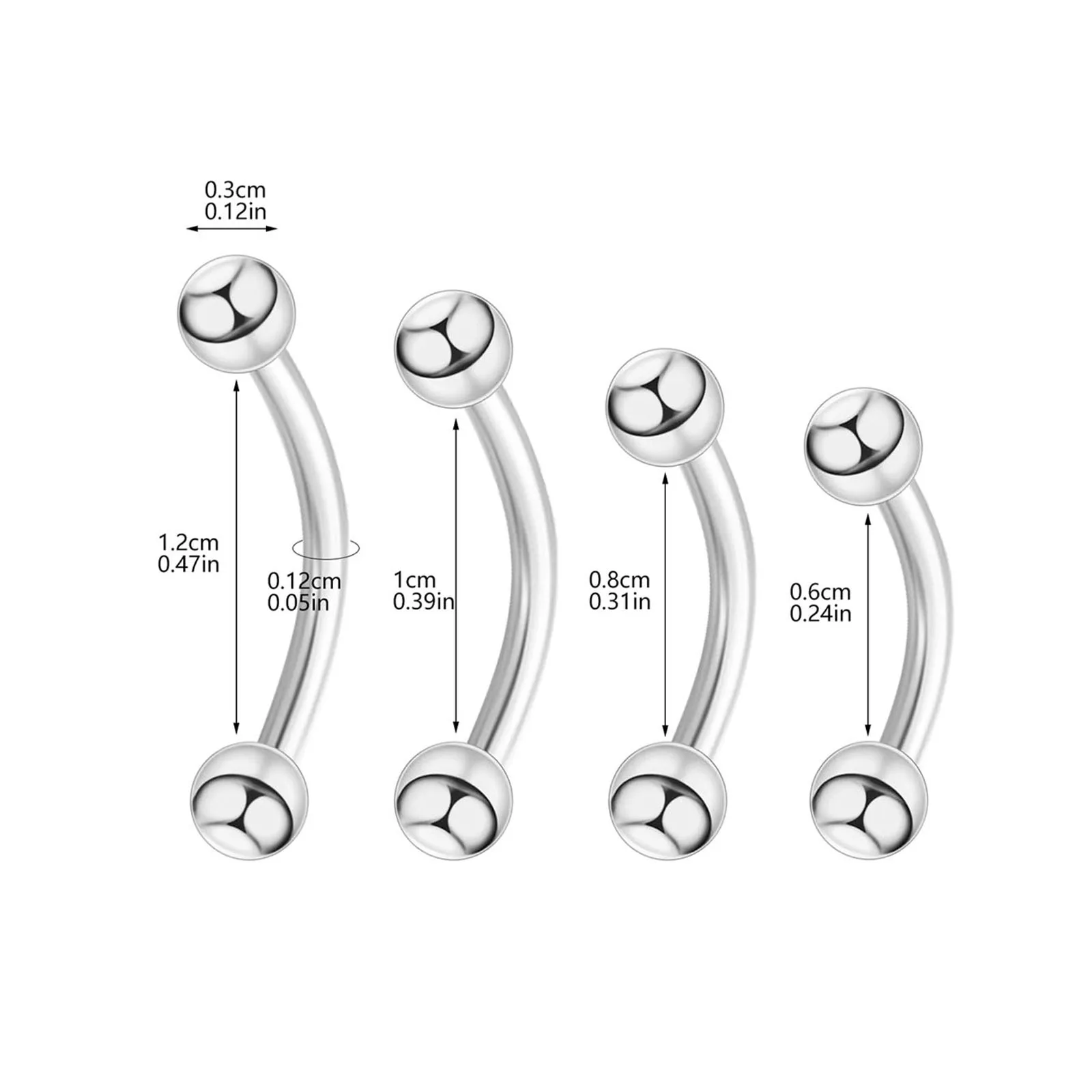 10pcs 16G Body Jewelry Set - 6-12mm Curved Eyebrow/Lip Rings, Surgical Steel Piercing Studs