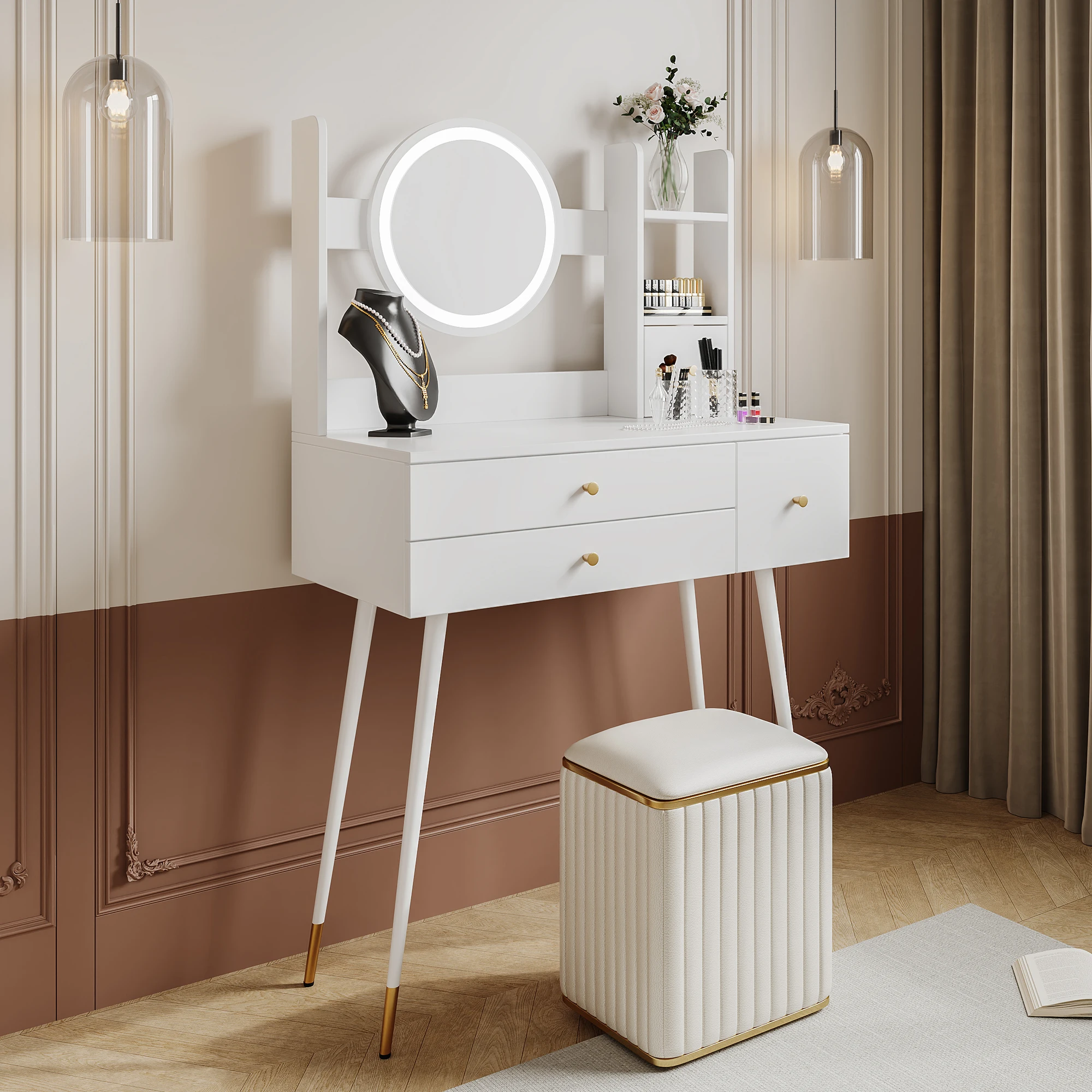 Dressing table (Without chairs), with mirror adjustable brightness, with 3 drawers, luxurious gold-plated accessories, high-end schmi