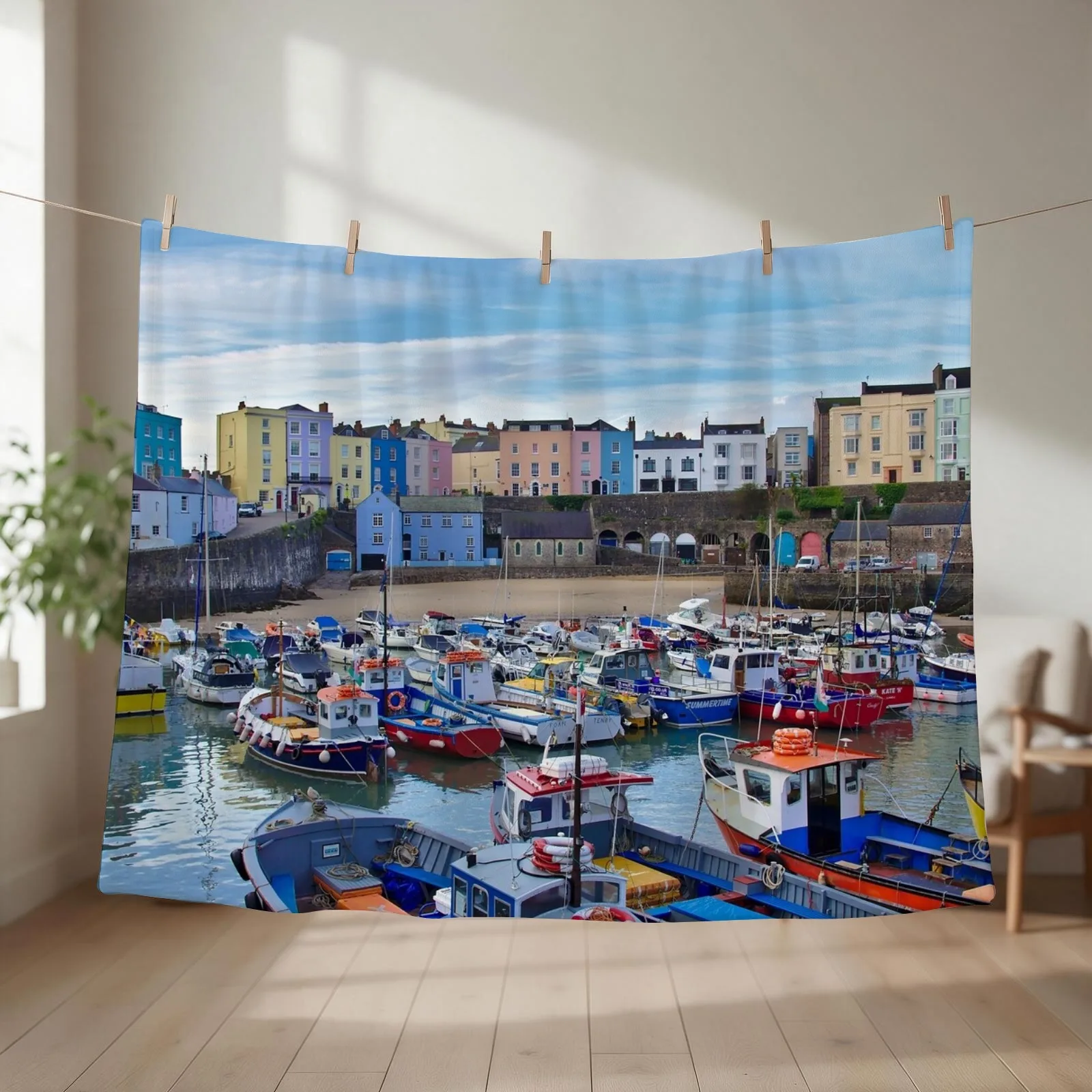 New Tenby Harbour Morning Colours Throw Blanket couch cozy soft plush fuzzy picnic outdoor blanket