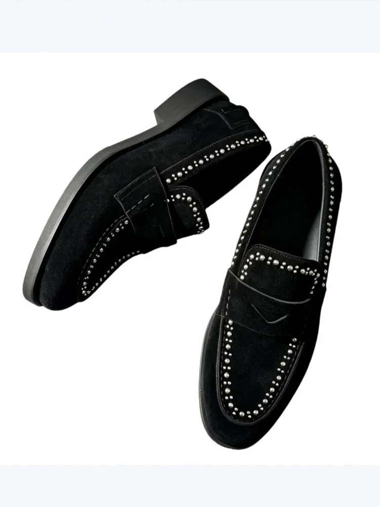 Fashion Male Black Business Formal Shoes Cow Suede Rivet Men Dress Shoes Banquet High Quality Round Toe Genuine Leather Footwear