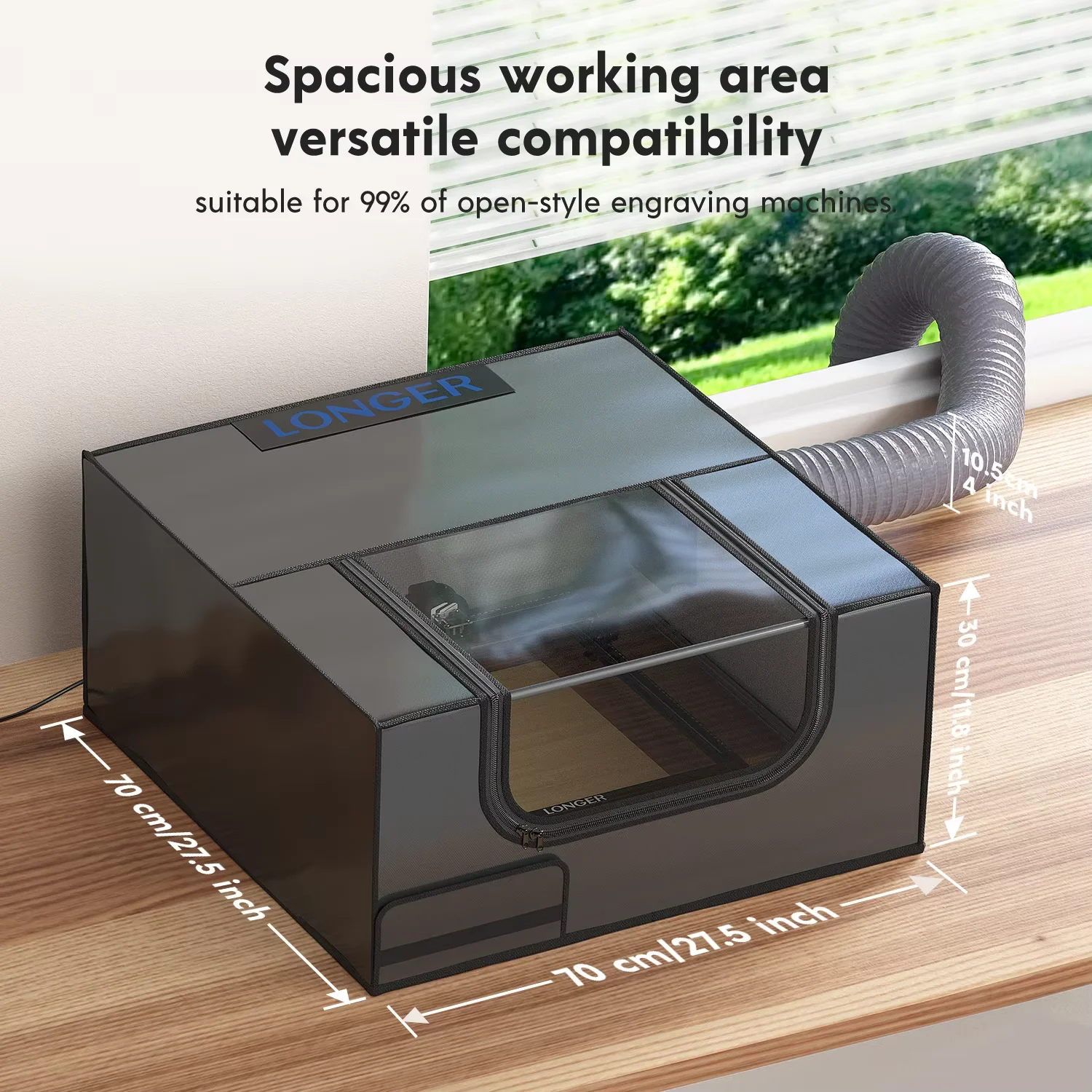 Enceinte de protection pour machine de gravure laser, compatible avec la série LONGER RAY5, ensemble complet de ventilateur d'extraction et de conduit d'air, circulation rapide de la fumée et de l'air, isolation contre la poussière et le bruit, dimensions internes importantes 700×700×330 mm