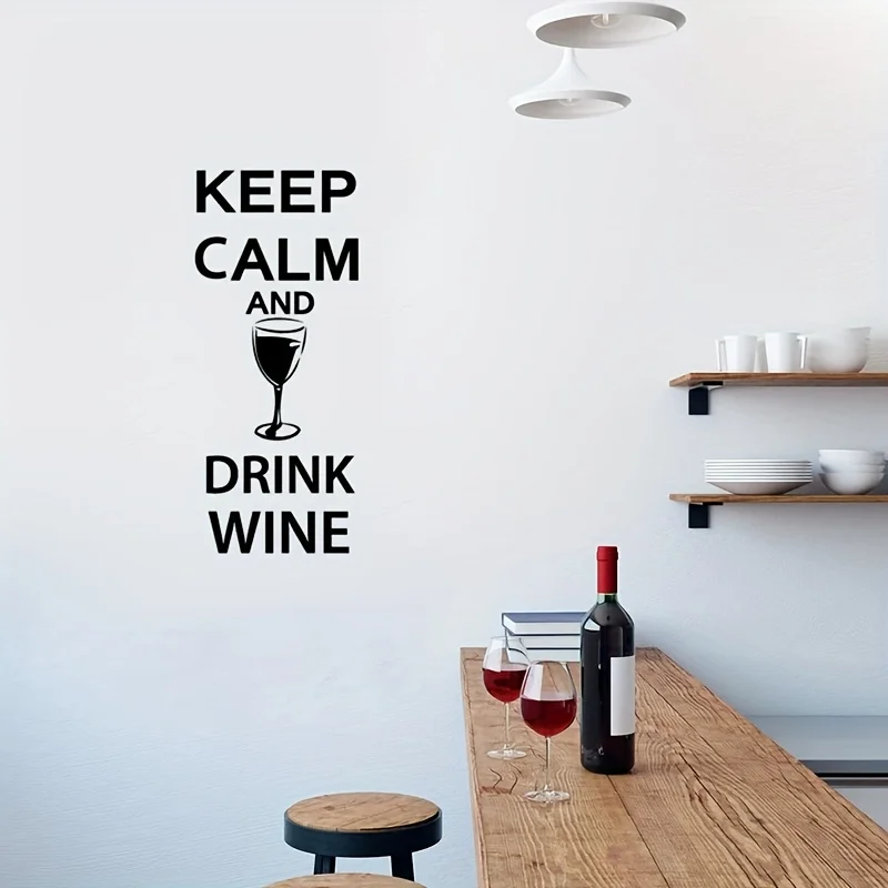 Wine Wall Decals Keep Calm and Drink Wine Quote Vinyl Wall Sticker Waterproof Removable Decal For Bar Cart, Wine Cabinet Decor