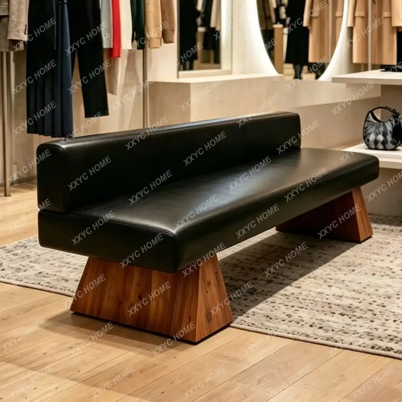 Long sofa Clothing store Long  Solid wood long stool with backrest Leather bedside  Bedroom