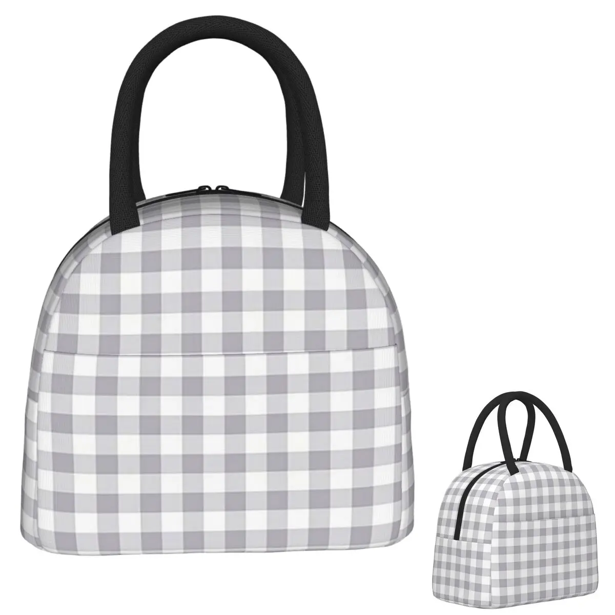 

Gray And White Gingham Insulated Lunch Bag for Women Kids Leakproof Food Boxes Thermal Lunch Box Tote