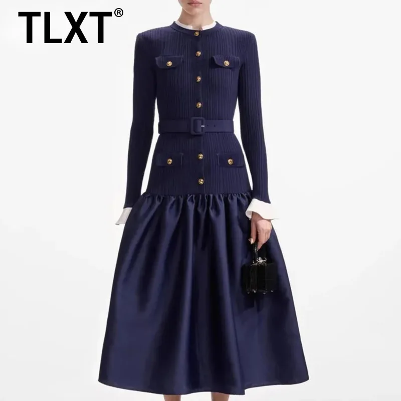 TLXT ファッション レディース フレンチスタイル 無地 エレガント 細見え ワンピース 長袖 ハイウエスト スプライスボタン シックドレス 2026春新作