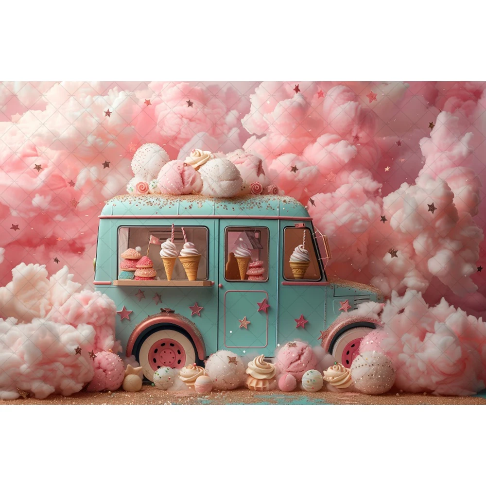 Photography Backdrop Pink Ice Cream Truck Dessert Kids Girls Birthday Poster Cake Smash Decor Background Banner Photo Studio