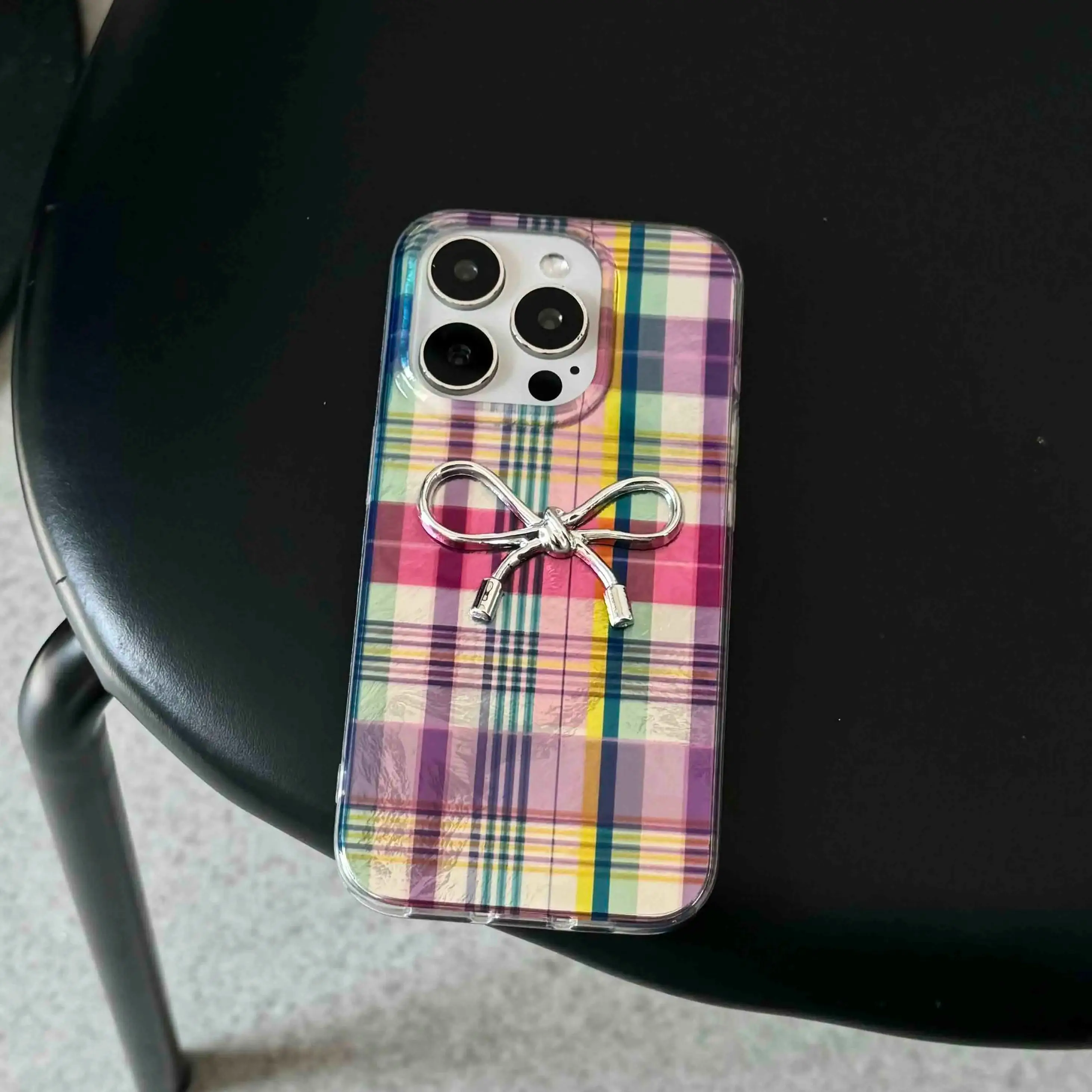 Ins colorful autume winter check cover for iphone 13 16 15promax 16pro 14pro 15 pro max 12 14 3d plating bowknot phone case