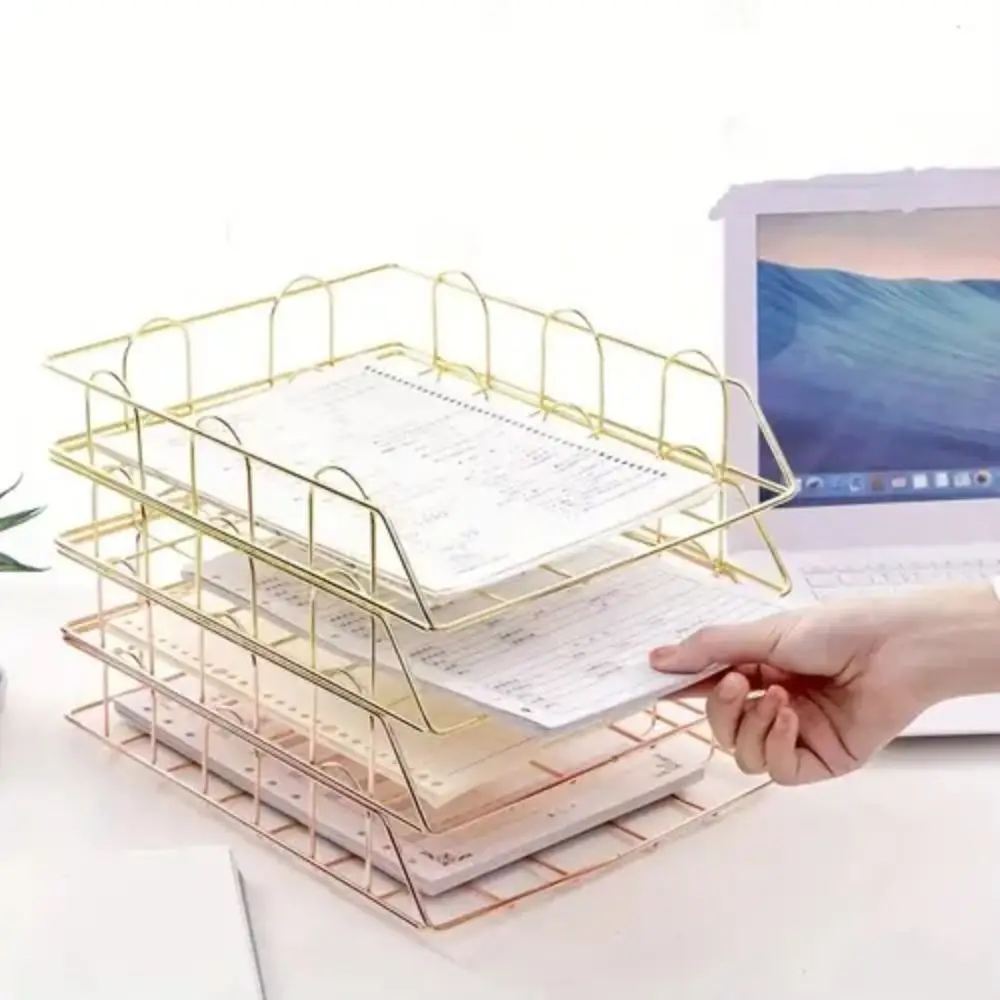 

Storage Basket A4 File Storage Basket Pen Holder Mesh Bottom Stackable File Folder Metal Iron Rose Gold Magazine File Rack