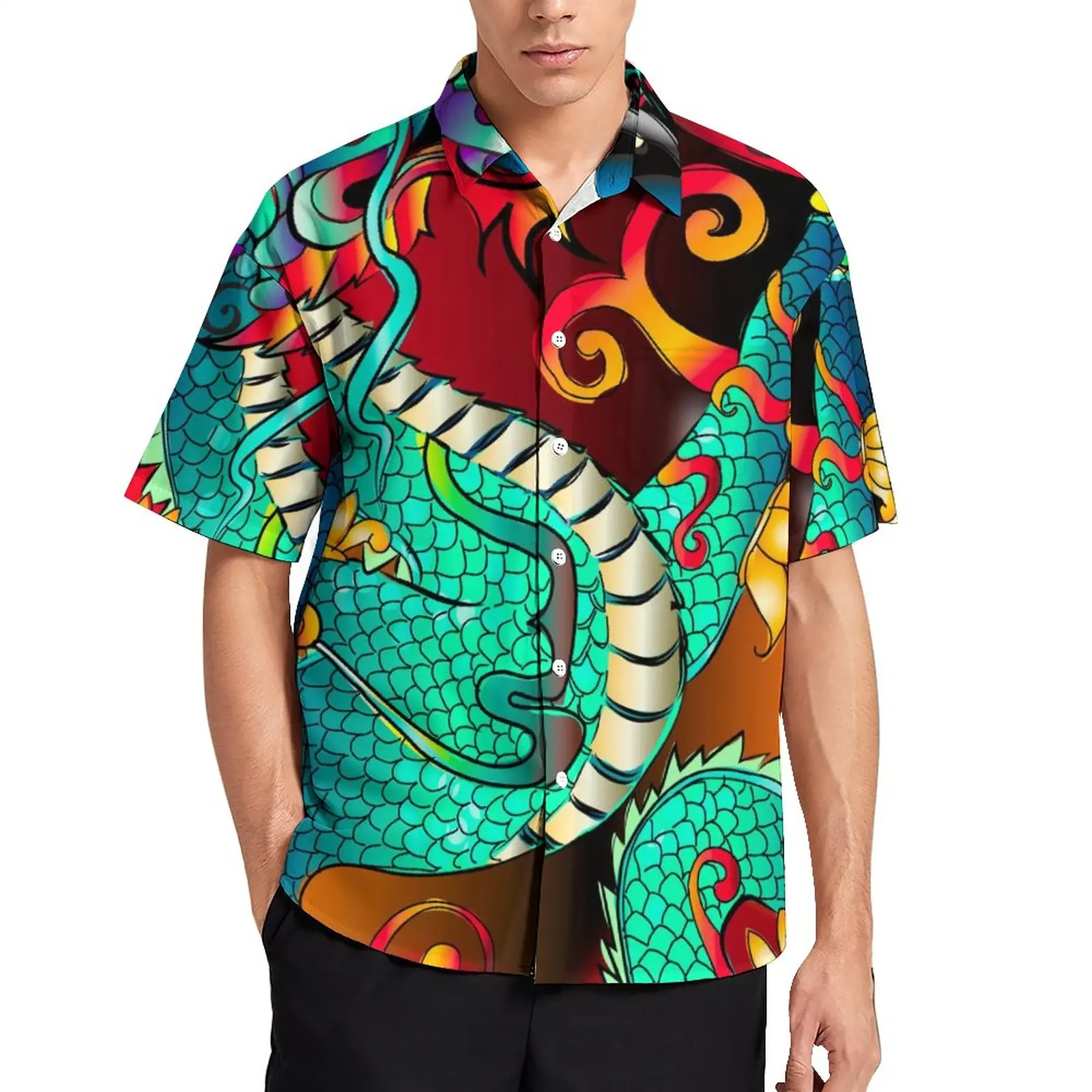 Hawaiian Dragon Pattern Men\'s Shirt Summer Oversized Short Sleeve Elegant Dress Casual Breathable Camping Dazn Gothic Clothes