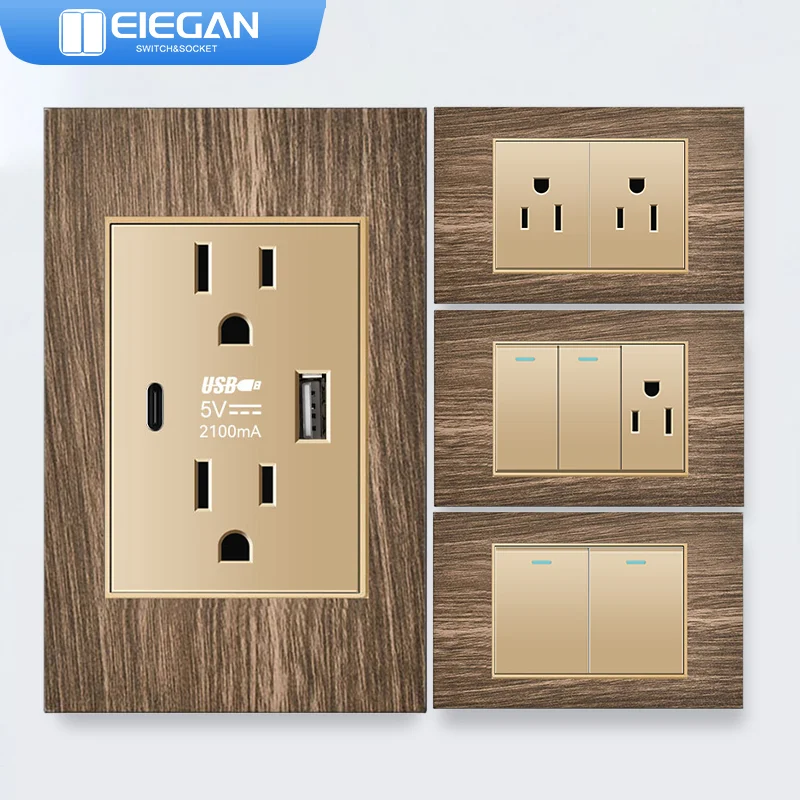 

ELEGAN Gold Retro Wood grain Wall Light Switch 20W Fast Type-C Wall Power Outlet plug America Mexican Electrical socket with USB