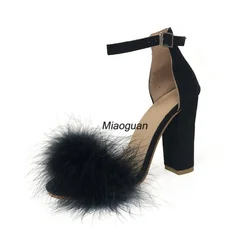 Ankle Strap High Heels Faux Fluffy Rabbit Fur Women Sandals 2023 Thick High Heel Party Wedding Shoes Bridal Summer Lady Fashion