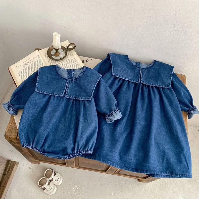 2024 New Autumn Kids Princess Dresses 2-6Yrs Girl Party Dress Long Sleeved Solid Color Denim Baby Girl Romper Children Clothes