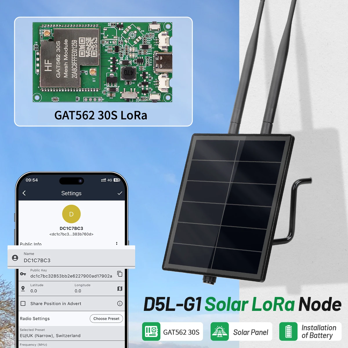 GAT562 Meshtastic Solar LoRa with 30dBm Board GPS 868Mhz 915MHz Meshcore Mesh LoRa Node for LoRaWAN Tracker IP66 Waterproof
