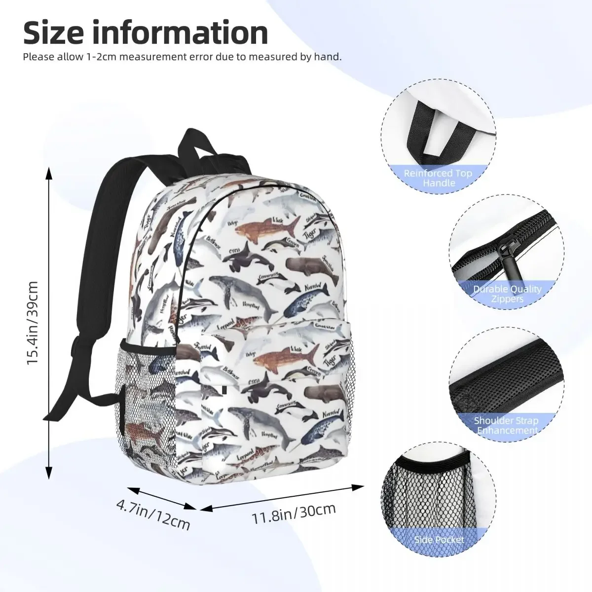 Types Of Whales, Sharks And Dolphins Watercolour Backpacks Teenager Bookbag Students School Bags Laptop Rucksack Shoulder Bag