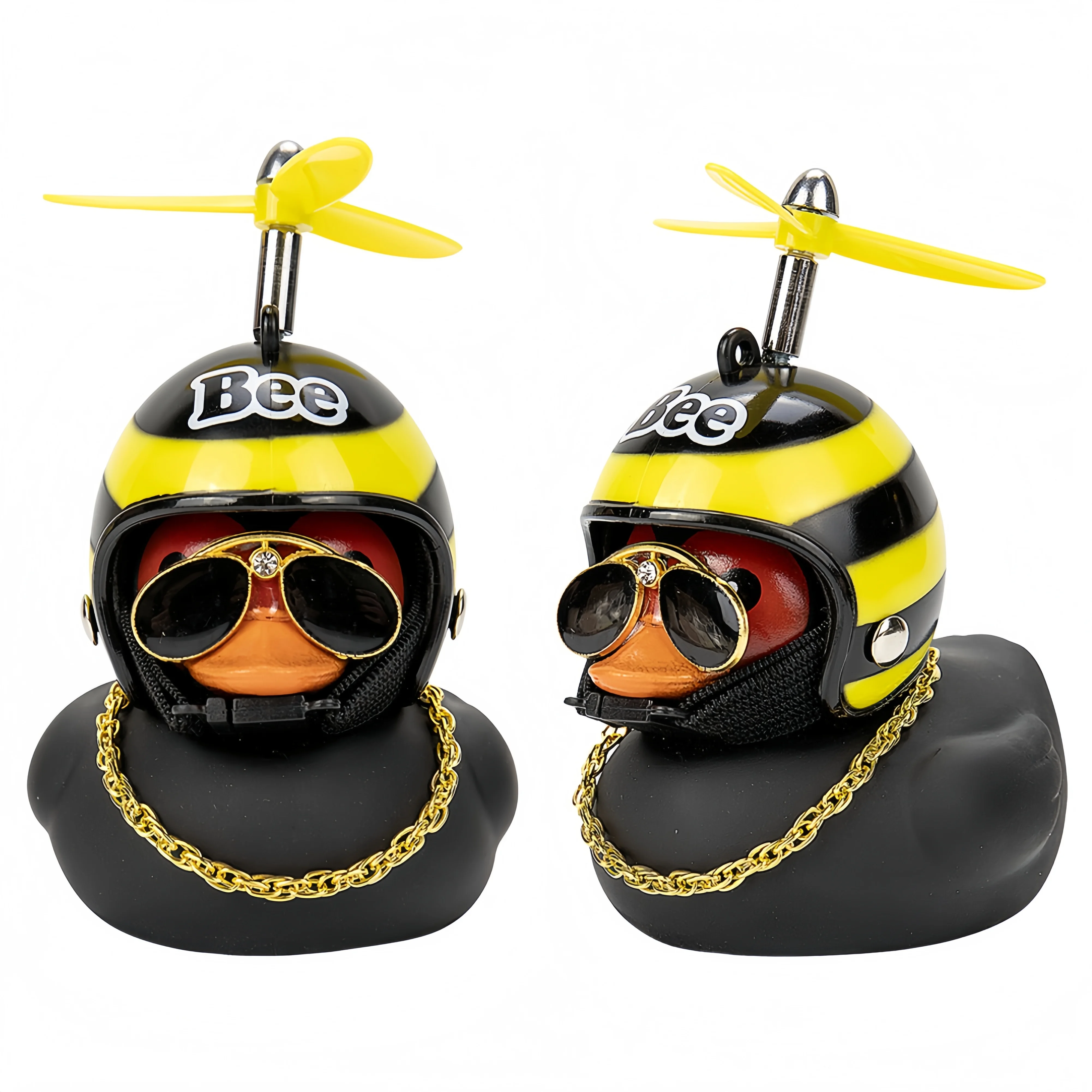 Schwarze Gummi-Ente als Auto-Armaturenbrett-Ornament mit Propeller, Helm und Sonnenbrille, Lustiges Auto-Innenzubehör, Fahrrad-Ornament, Geschenk – Detail 5