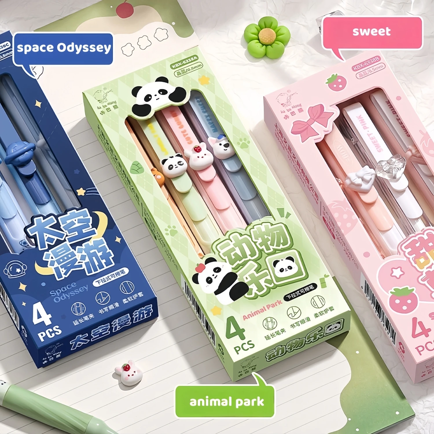 4pcs Erasable Cartoon Gel Pen Set 0.5mm Black Ink Space Flower Panda Ballpoint Pens for Writing F3061