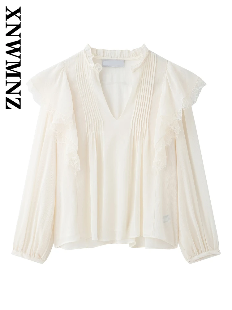 

XNWMNZ 2025 Autumn New Lady Party Shirt Trendy Spring Woman's V-Collar Long Sleeve Pullover Thin Blouses Tierred Chiffon Blouse
