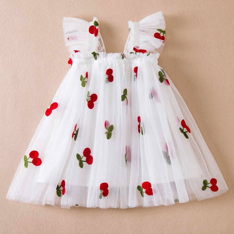 Toddler Baby Girl Dress Fashion Dot Strawberry Cherry Back Bow Wing Strap Dress Birthday Party Infant Summer Sweet Casual Wear