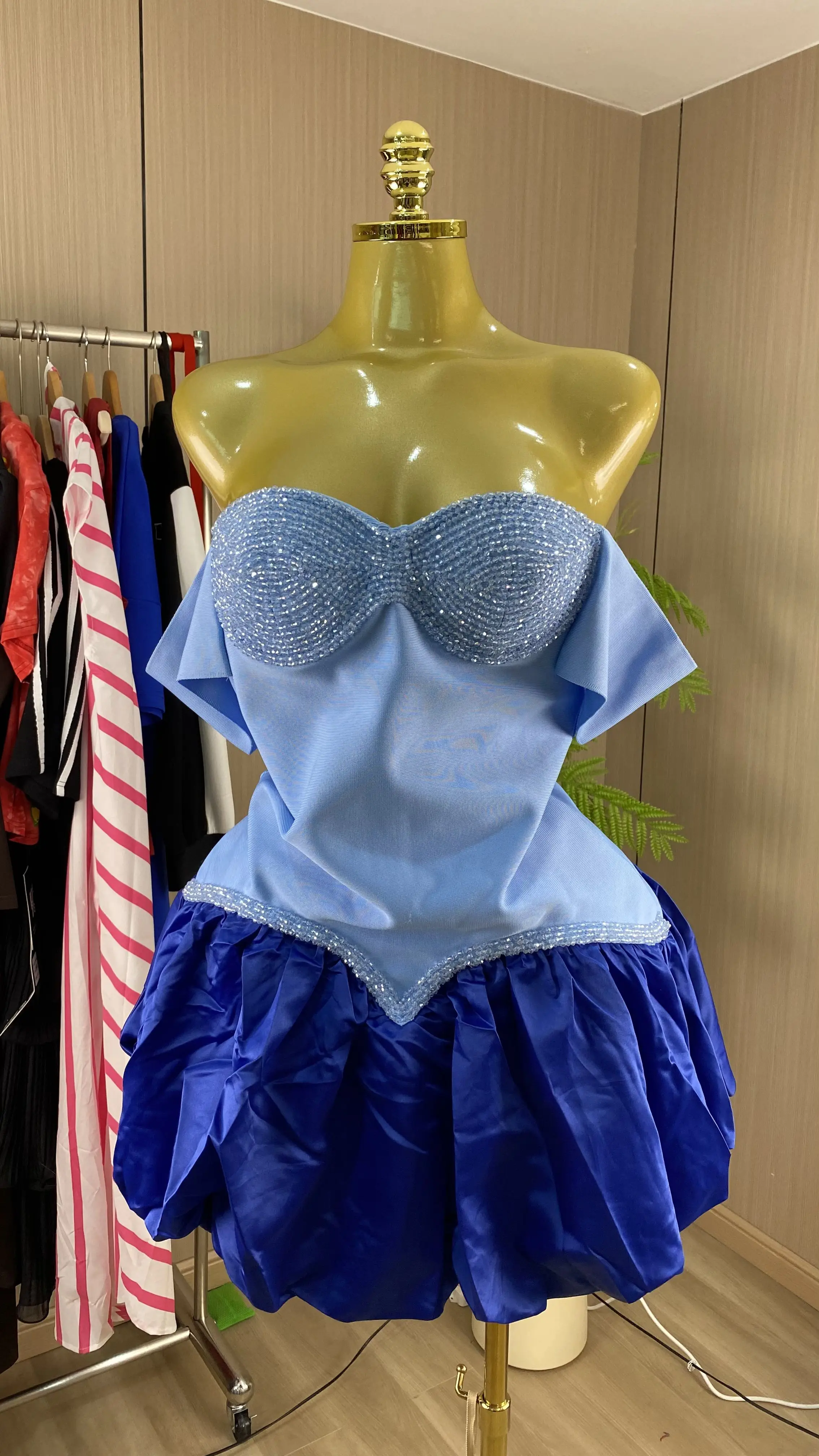 Women's Strapless Sexy Short-Sleeve Bandeau Patchwork Rhinestone-Embroidered Party Bandage Dress-GZXX896