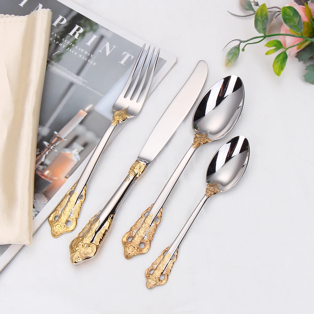 Vintage Flatware Set for 6 People, 24K Plated Stainless Steel, Hollow Handle Cutlery Set, Wedding Gift Dishwasher Safe