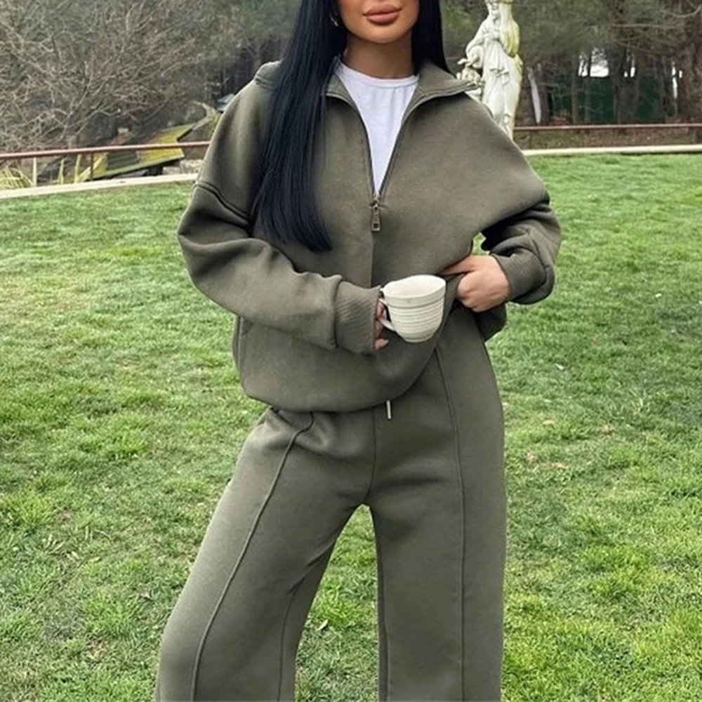 여성용 패션 캐주얼 투피스 세트 반카디건 풀오버 스웨트셔츠와 긴 바지 루즈핏 가을 겨울용