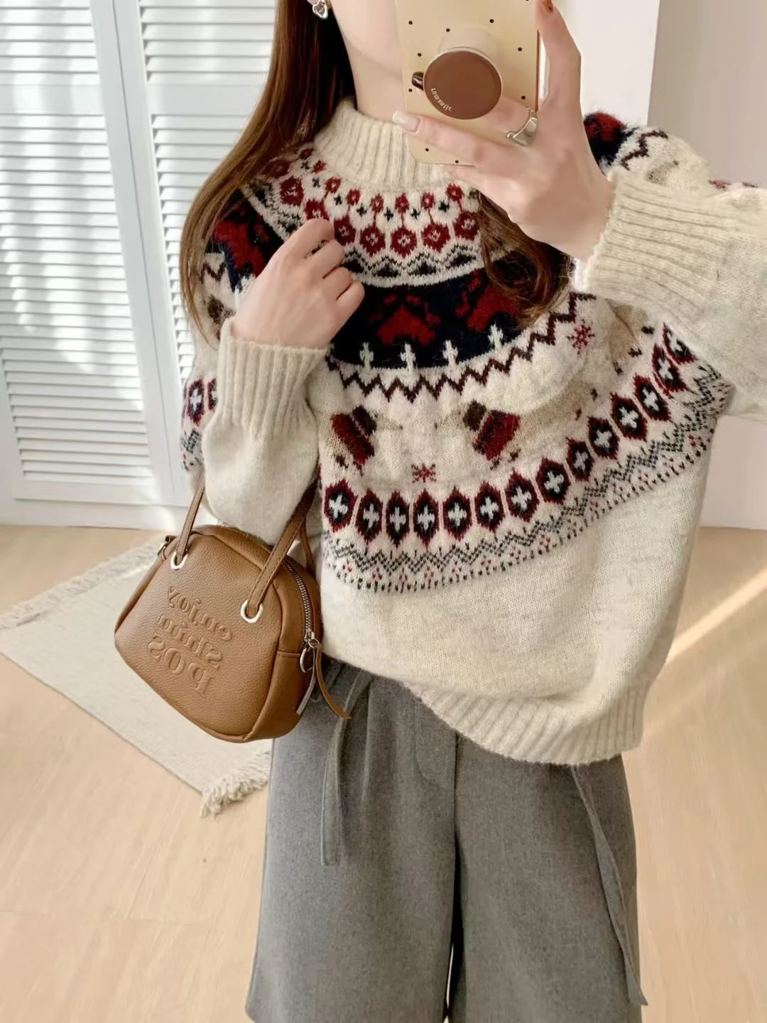 Pesado original retro fair island f alta ne camisola de malha outono inverno solto ajuste macio quente cor tonal blo camisola