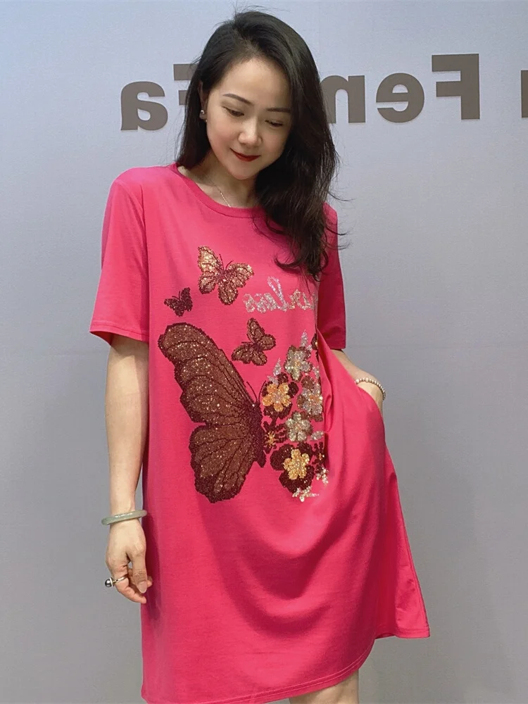 

Summer 2024 A-Line Dr Casual round Ne ort Sve Loose Evening Gown Cotton Blend Diamond Heat Transfer Midi Dr
