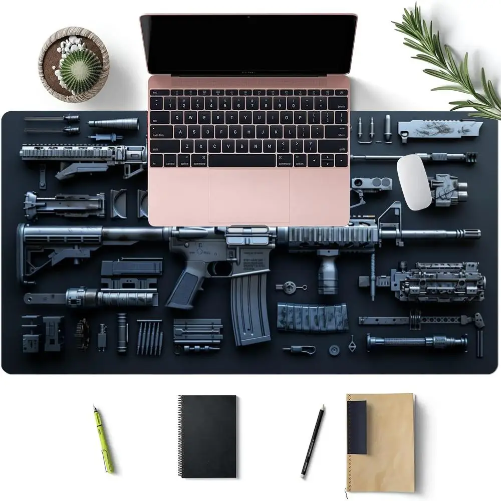 

3D Gun Desk Mat Extended Gaming Mouse Pad Stitched Edge Anti-Slip Rubber Base Washable XXL Large Keyboard Mat for Office Carpet
