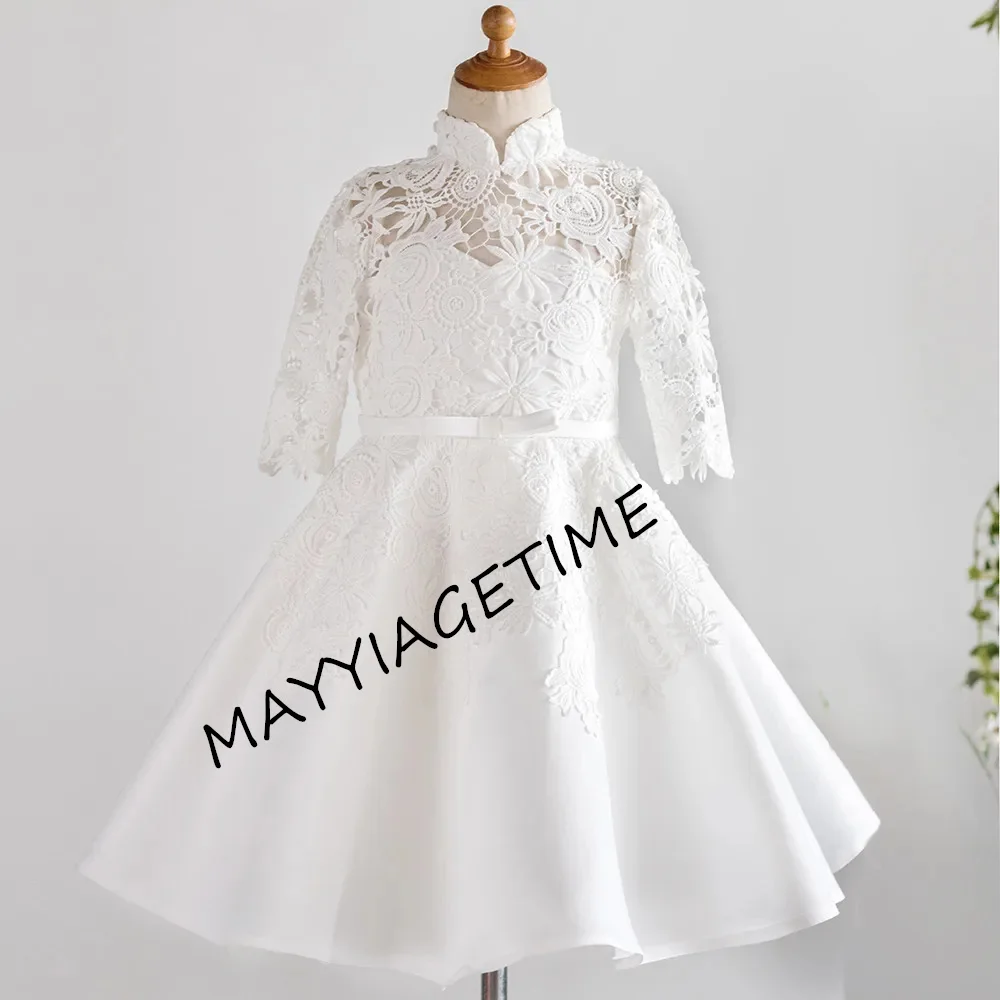 

Ivory Lace Scoop Kids First Communion Dress Tulle Applique Pearls Flower Girl Dresses Sleeve Little Bride Dresses Vestidos