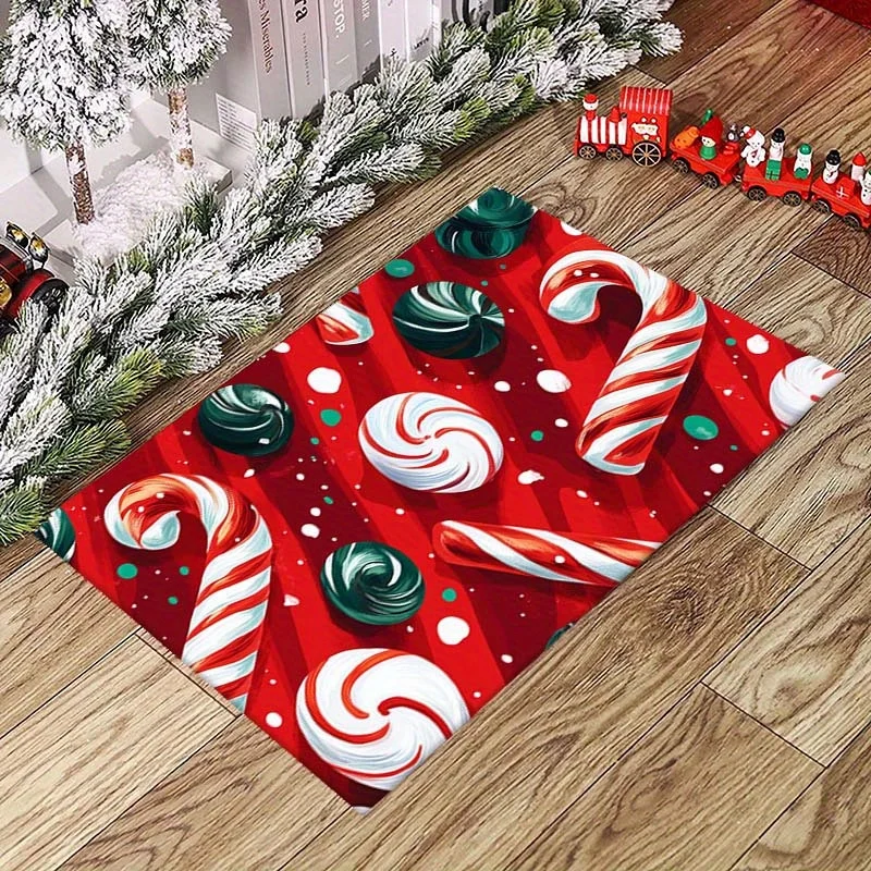 VIKAMA Sweet Candy Theme Festive Xmas Home Rug Rich Spiral Sweets And Candy‑cane Pattern Wear‑resistant Easy‑clean Indoor Floor