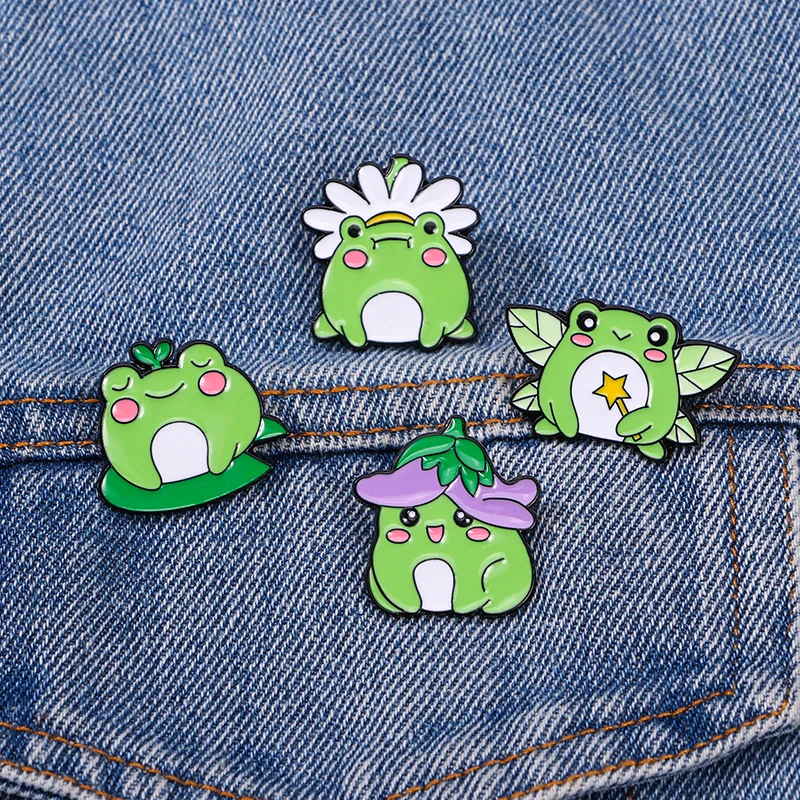 4Pcs/Set Cartoon Plant Frog Series Pins Pretty +Lotus Leaf Daisy Eggplant Pattern Enamel Brooches For Bag Wallet Decoration